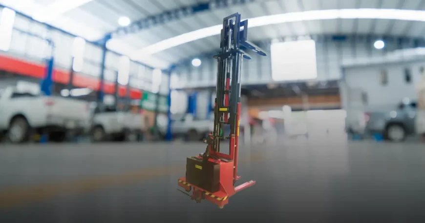 Red electric stacker in a warehouse with elevated forks
