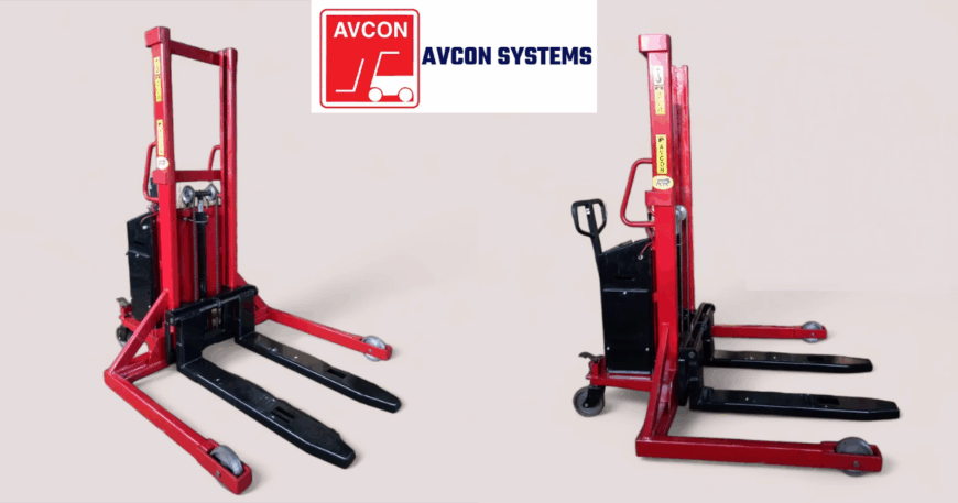 Avcon Semi Electric Straddle Stacker lifting closed pallet in warehouse.