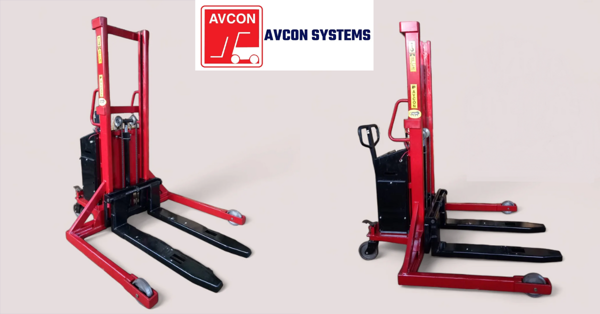 Avcon Semi Electric Straddle Stacker lifting closed pallet in warehouse.