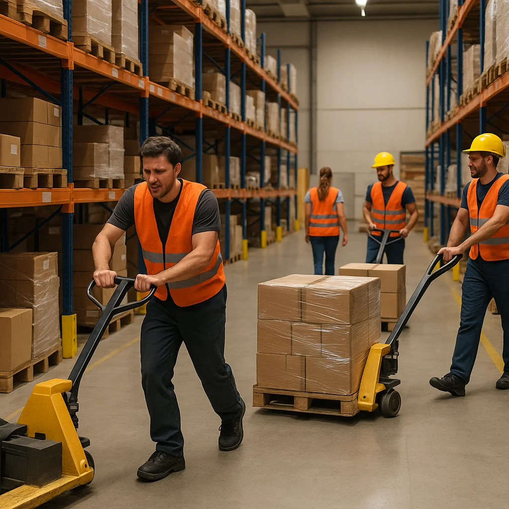 Operator using battery operated fully electric stacker for lifting pallets