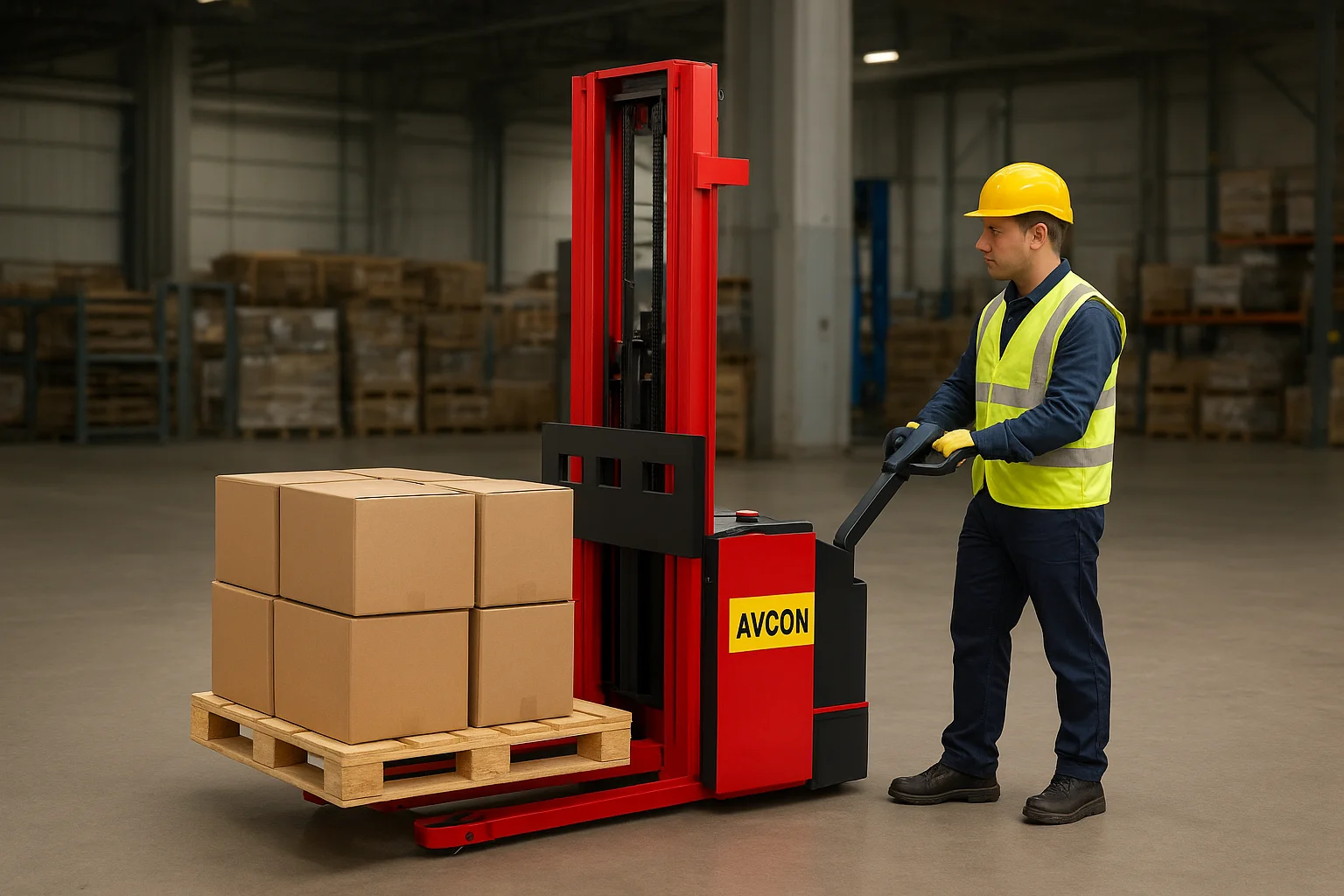 Operator using battery operated fully electric stacker for lifting pallets