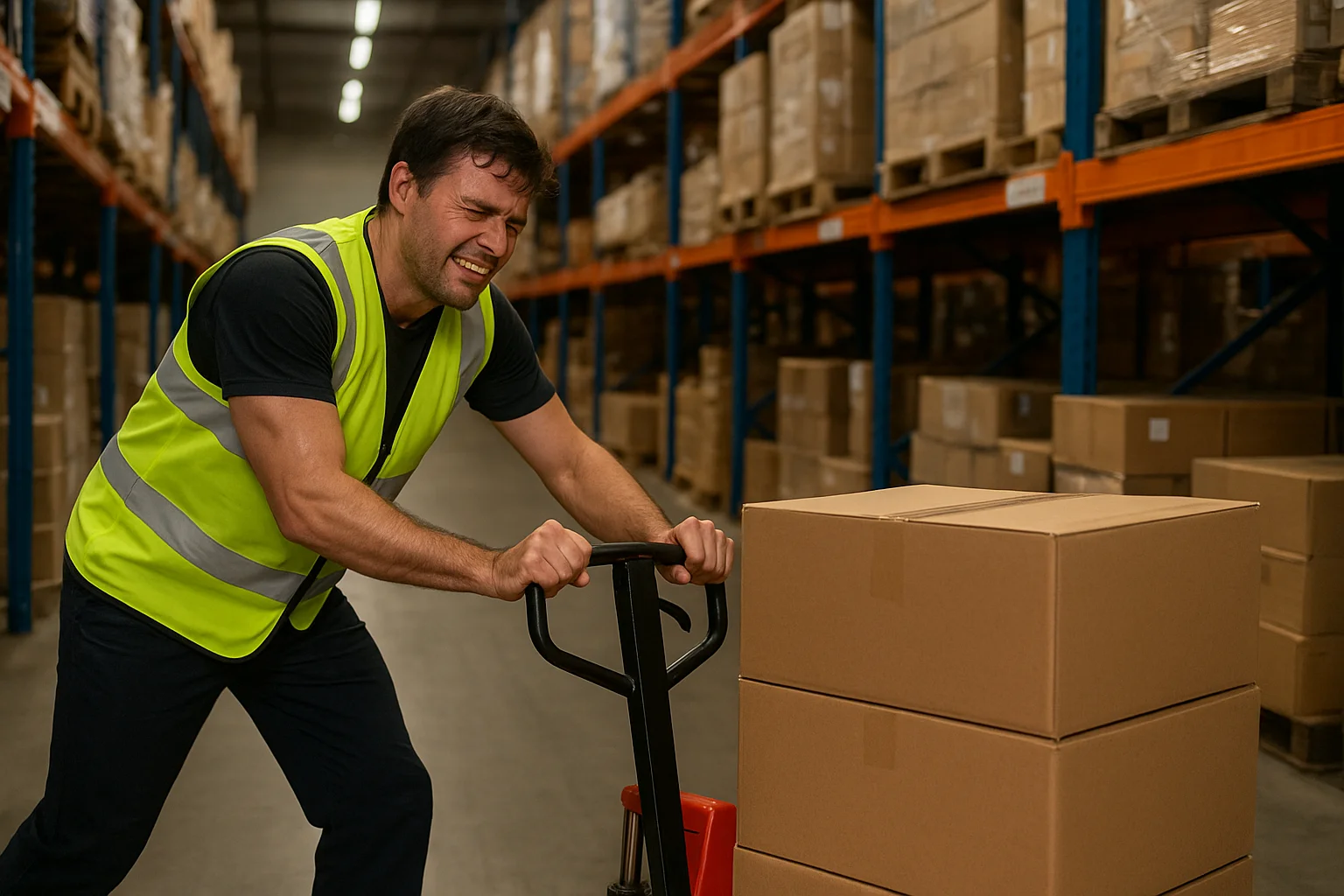 Operator using battery operated fully electric stacker for lifting pallets