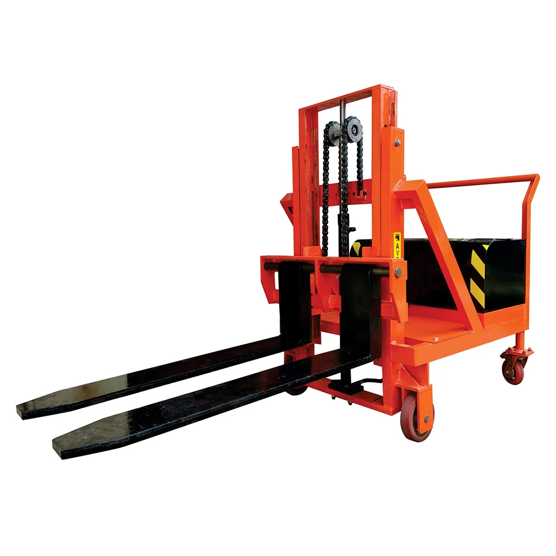 Counterbalanced Semi-Electric Stacker used for lifting and transporting heavy pallets in warehouses.