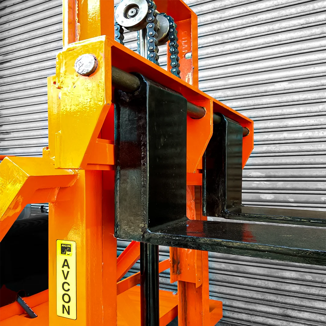 Counterbalanced Semi-Electric Stacker used for lifting and transporting heavy pallets in warehouses.