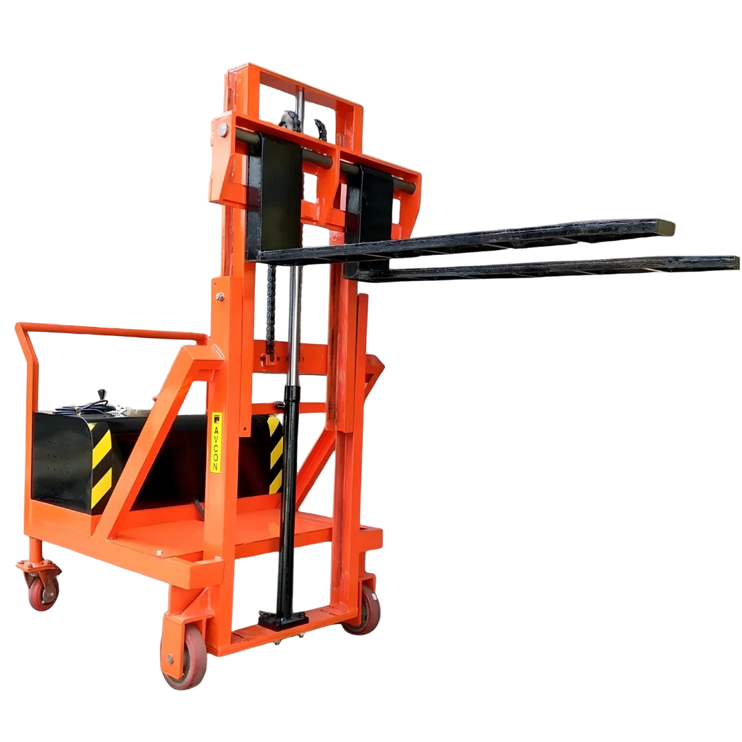 Counterbalanced Semi-Electric Stacker used for lifting and transporting heavy pallets in warehouses.