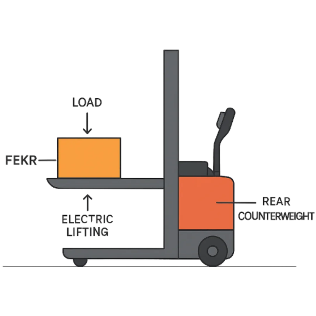 Counterbalanced Semi-Electric Stacker used for lifting and transporting heavy pallets in warehouses.