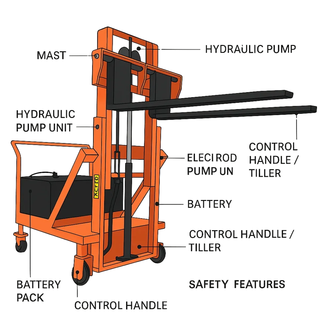 Counterbalanced Semi-Electric Stacker used for lifting and transporting heavy pallets in warehouses.