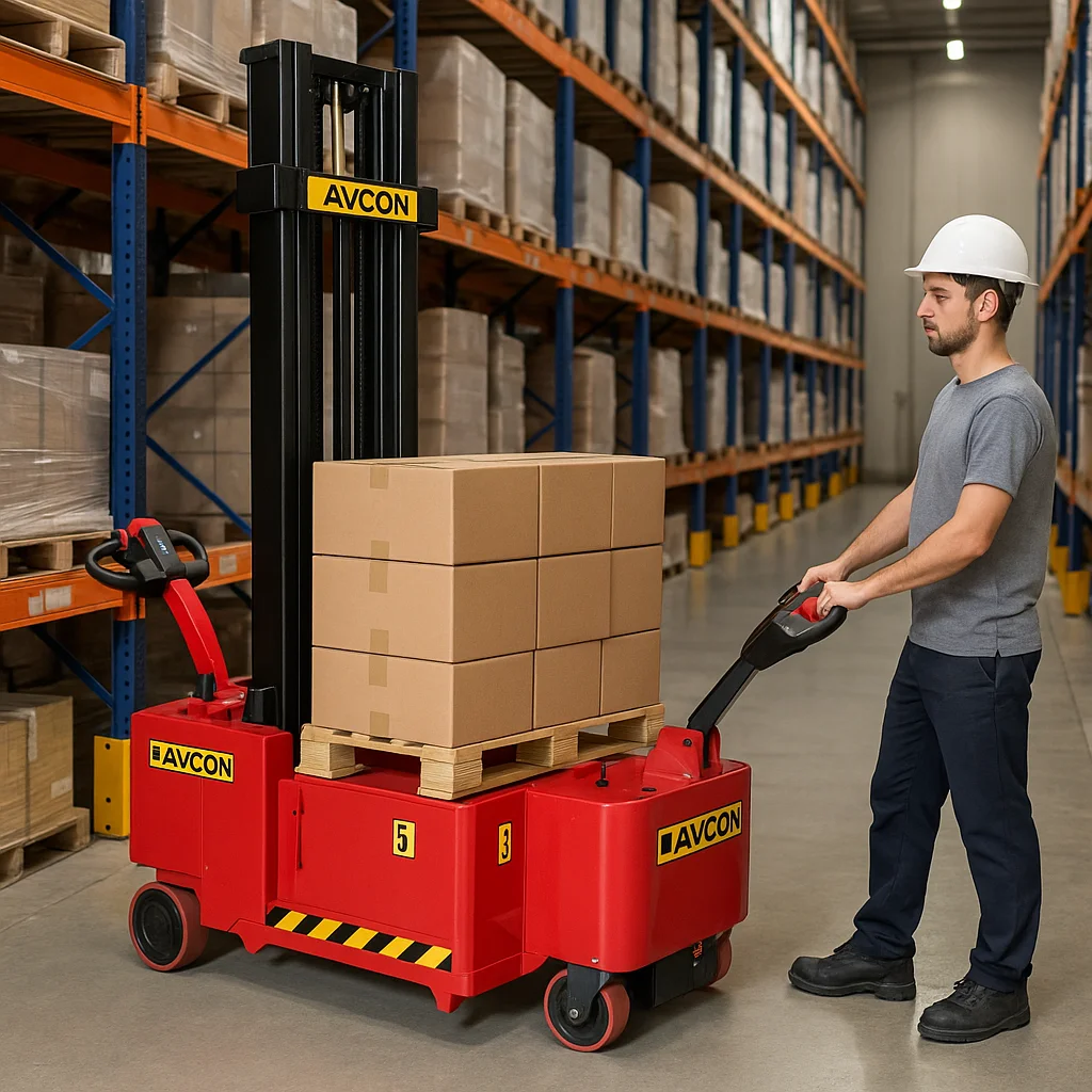 Operator using counter balance electric stacker in warehouse