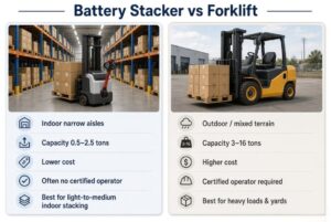battery-operated stacker versus forklift showing capacity, environment, cost and operator requirements.
