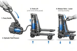 Technical process illustration showing how pumping the handle of a hydraulic hand pallet truck raises the forks via fluid pressure and how the release valve lowers them